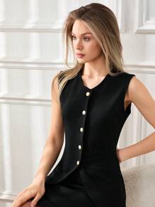 SHEIN Tall Women's Brown Elegant Rib-Knit Two Pieces Sets - Black - View 5