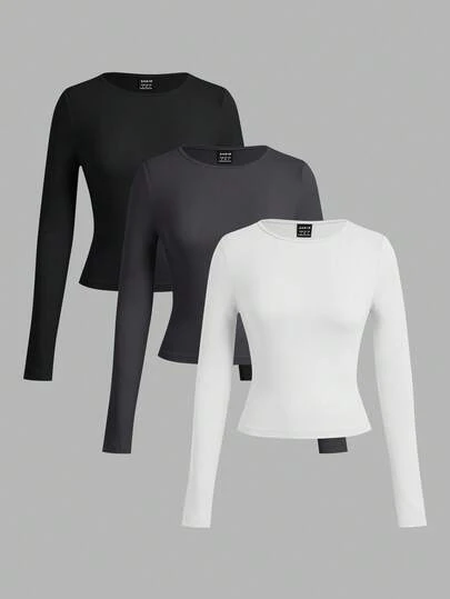 Comfortcana 3pcs Women Set Wide Neck Tight Fit Long Sleeve Long Length T-Shirt Set, Suitable For Spring, Autumn & Winter Autumn And Winter