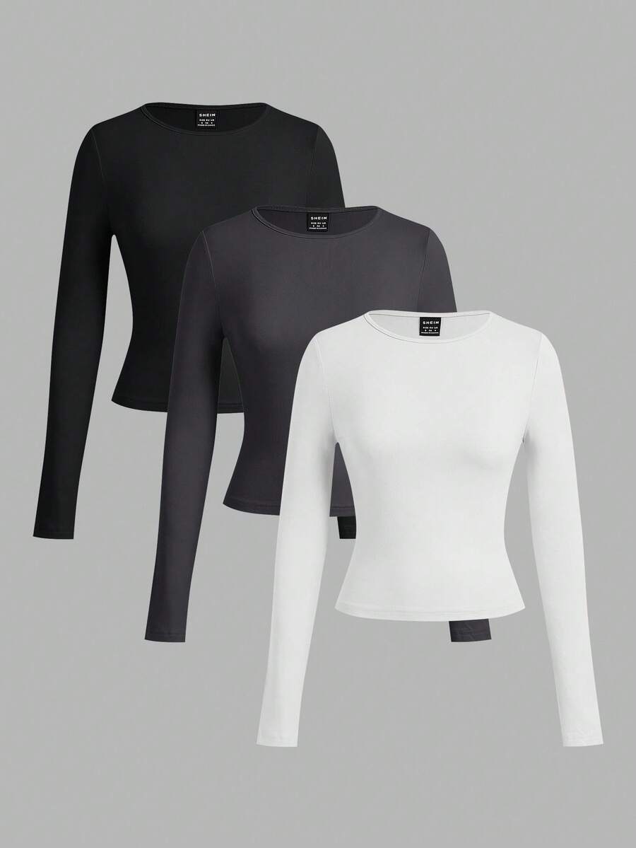 SHEIN Comfortcana 3 件套女士宽领紧身长袖长款 T 恤套装，适合春秋冬季 - 彩色 - 查看 1