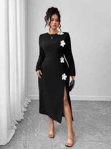 Elenzga Women's Plus Size Black And White 3D Floral Round Neck Straight Dress With Slit Hem,Waist Cinched,Elegant Autumn Dinner Casual Long Fall Dress - Black - View 5