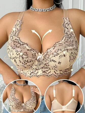 DesireSculpt 1pc Plus Size Lace Sexy Wide Strap Underwire Bra