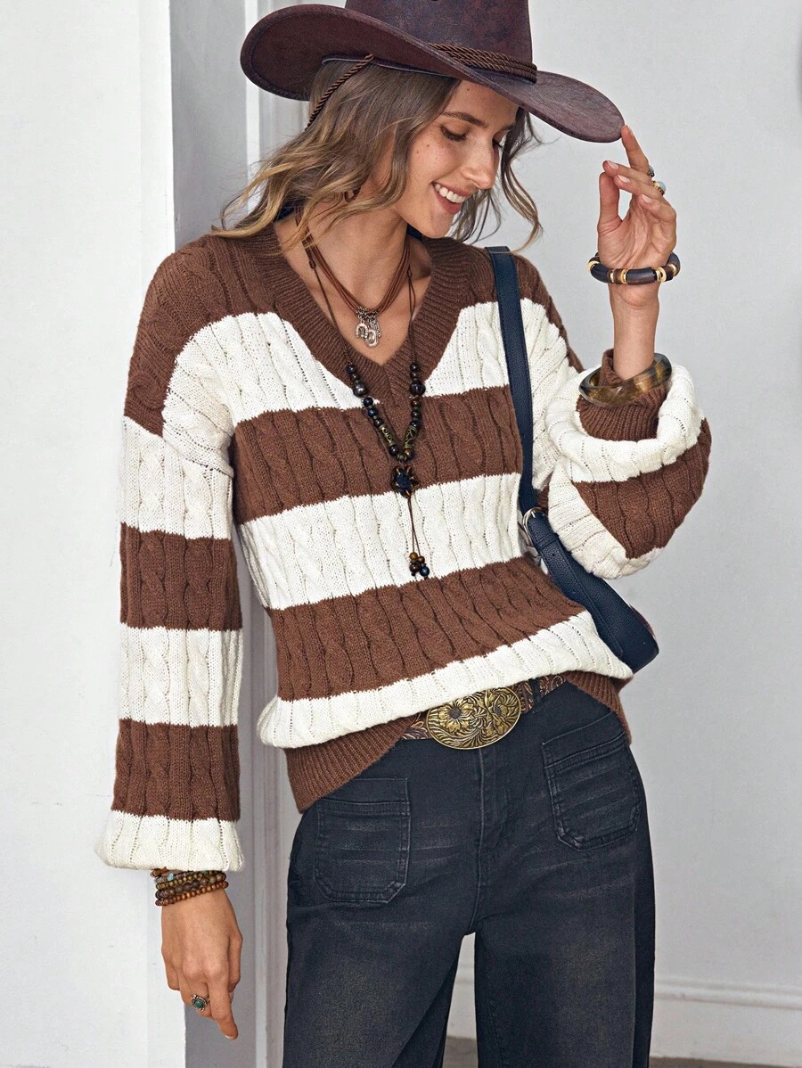 LanaWest 女式撞色V领长袖针织套头衫