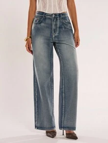 SHEIN BAE Jeans rectos de mujer con lavado vintage casual