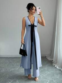 Selianne 时尚优雅年轻女性V领无袖上衣和阔腿裤两件套，休闲街头风格，春夏