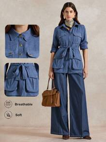 Briarwyn Women's Fashion Street Style Flap Pocket Belted Lightweight Jacket, Winter Jacket,Office Outfits For Women ,Fall Clothes For Women,Winter Clothes For Women - Navy Blue - View 3