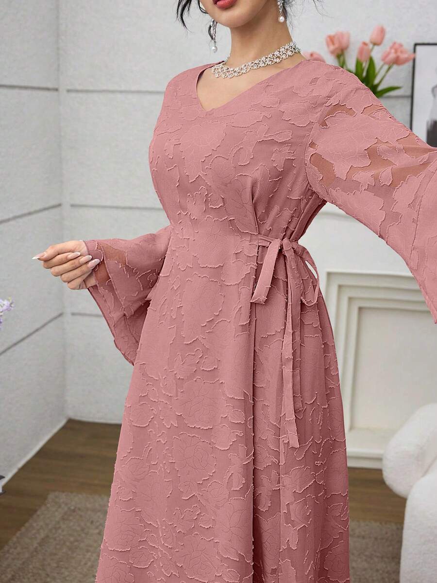 Yasmyna Rochie elegantă de culoare solidă, cu decolteu în V, cu două laturi și legături laterale, cu mâneci evazate - Roz - Vizualizare 1