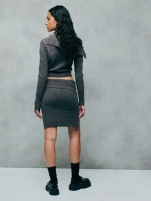 SHEIN Unity 时尚性感前扣低腰开衩针织裙 - 摩卡棕 - 查看 4