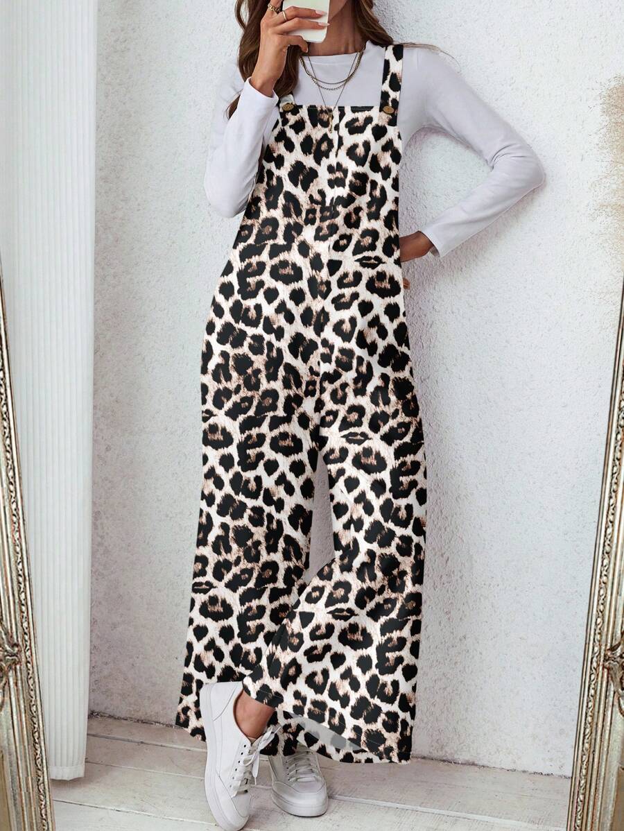 SHEIN LUNE Damen Lässig Leoparden-Muster Taschen Loose Jumpsuit, geeignet für Herbst/Winter