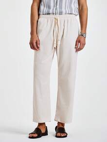 Manfinity Homme 男士抽绳腰直筒裤，纯色度假休闲裤，适合爸爸和丈夫，男朋友的礼物 - 米色 - 查看 4