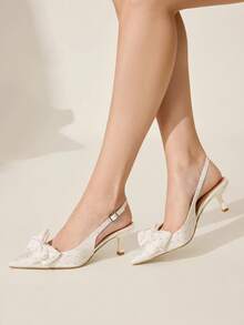 CUCCOO CHICEST 女士蝴蝶结尖头细跟高跟鞋，露背踝带性感红色高跟凉鞋 - 米色 - 查看 3