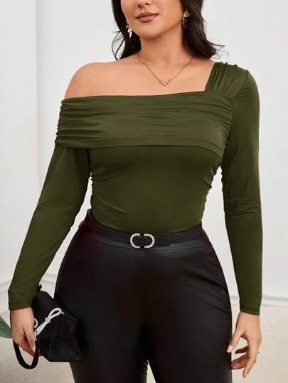 Firerie Camiseta de manga larga con cuello asimétrico para el Día de San Valentín, talla grande para mujer