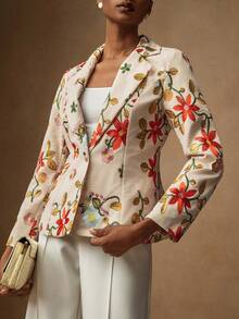 Lyxana 1 Áo khoác Blazer nữ thêu lưới thanh lịch cài một nút - Màu be - Xem 3