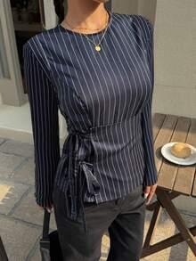 Siren Gaze Damen elegantes Pendler-Slim-Fit-Hemd mit seitlicher Bindung, Langarm-Lässig-Shirt, Rundhals-Langarm-Gestreiftes Oberteil, Pendler-Bürokleidung, elegante Damenblusen, Herbstkleidung für Damen, marineblau gestreiftes Hemd, neue Slim-Fit-Langarm-Bluse für den Ausgang, für den täglichen Gebrauch