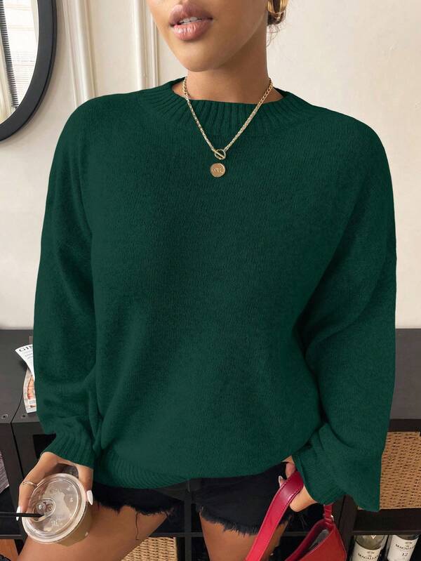 Elenzga Plus Size Women's Casual Loose Fit Crew Neck Long Sleeve Dropped Shoulder Pullover Sweater, Autumn/Winter Fall Cloth For Women