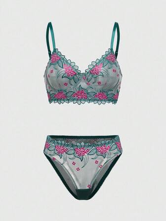 Fairycore Conjunto de lencería con aros y bordado floral de hadas para mujeres