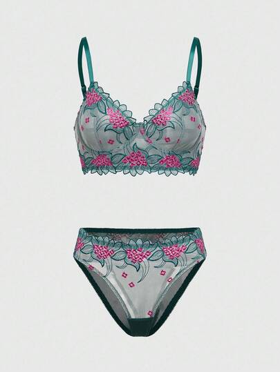 Fairycore مجموعة ملابس داخلية للنساء مطرزة بتصميم زهري فيري مع سلك داخلي