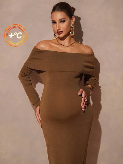 MaterniChic Maternity Sweater Dress Autumn And Winter Maternity Solid Color Off Shoulder Long Sleeve Fitted Knit Dress