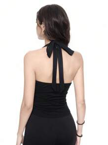 ROMWE Goth Asymmetric Hem Backless Halter Neck Women Tank Top, Black, For Going Out - Black - View 3
