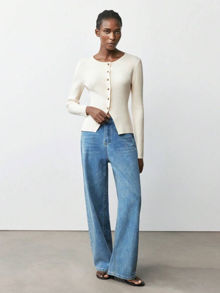 SHEIN Maija Women's Solid Color Round Neck Long Sleeve Single-Breasted Casual Knit Cardigan, Minimalist And Elegant, Comfortable, Suitable For All Seasons. White Versatile, Suitable For Casual Daily Wear Or Office Commute, Easter Summer Party Top Beach Summer Holiday Beach Vacation Summer Going Out Graduation