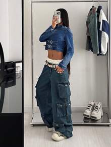 StreetHx Áo khoác denim phong cách Retro Biker Chic có cổ đứng cài nút - Rửa trung bình - Xem 6