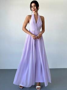 Firerie 女士优雅浪漫端庄度假时尚宴会日常露背高腰露背网眼丝带二合一薰衣草色连体裤 - 淡紫色 - 查看 2