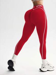 SHEIN Sports 1 件女式字母弹性交叉腰带紧身裤，适合跑步、健身、锻炼 - 紅色 - 查看 2