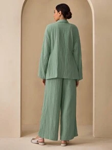 Graceveil 2pcs Casual Solid Color Cinched Waist Textured Fabric Shirt And Pants Set Co-Ords Fall Cloth For Women - Green - View 4