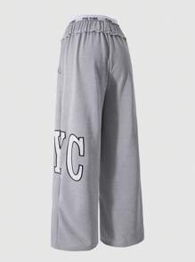 SHEIN Explorewe 少女字母印花松紧腰口袋阔腿宽松休闲运动裤 - 灰色 - 查看 4