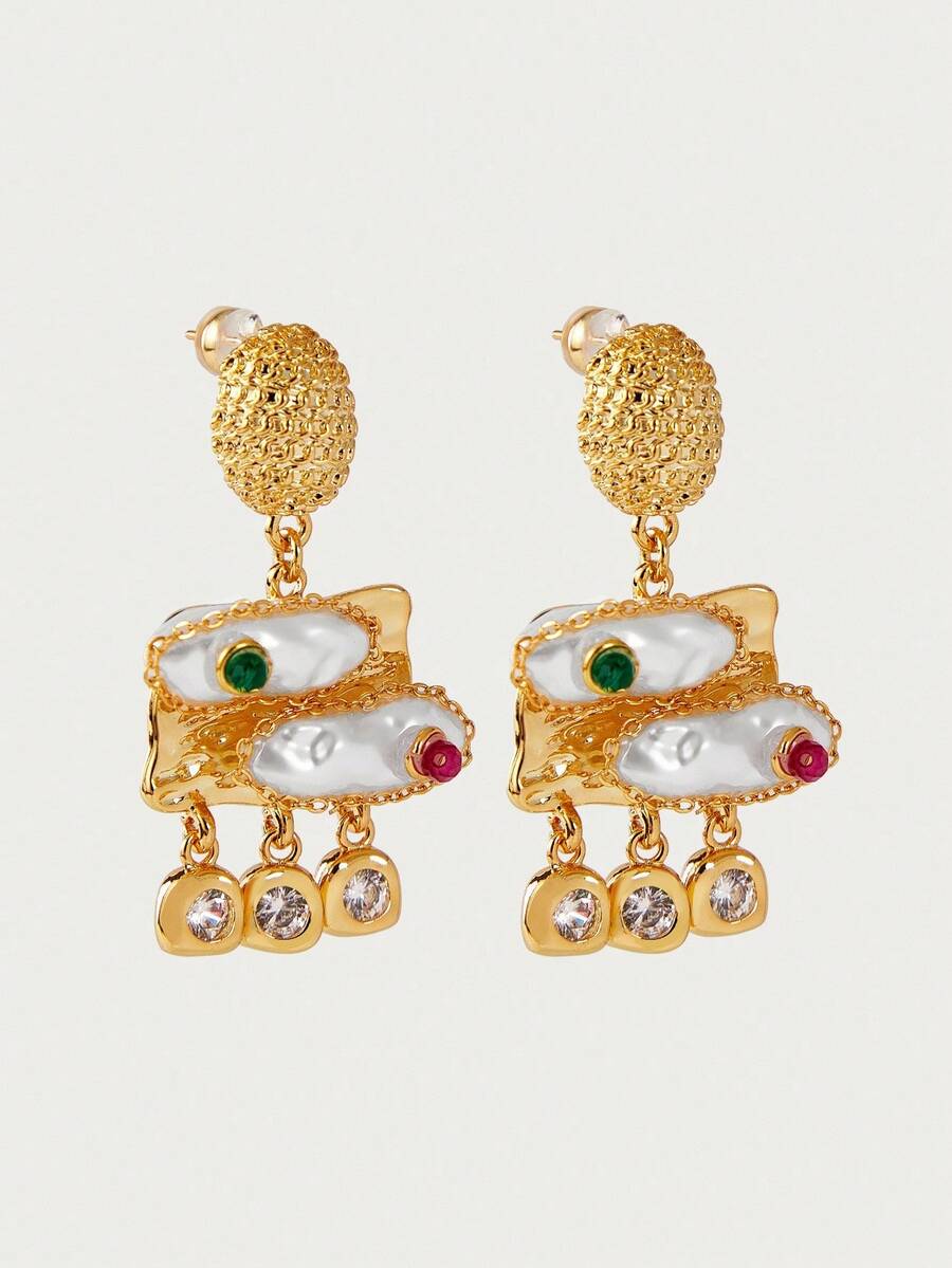 Glisma 18K Gold-Plated Vintage Asymmetrical Pearl/Shell Earrings, Suitable For Holiday, Wedding, Honeymoon, Concert/Festival, Party - For Women/Girls, Autumn/Winter, Festival, Holiday, Vacation - Gold - View 1