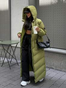 EURMUSE PALTON MIDI DE IARNĂ CU CAPOTAȘĂ, OVERSIZE, CU BUZUNAR ȘI NODĂ - Verde măsline - Vizualizare 5