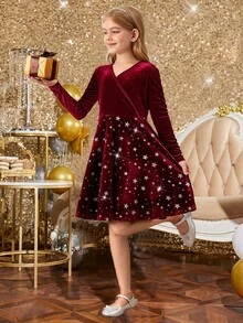 SHEIN Leap Crew Tween Girl Christmas Velvet Star Silver Foil Neck Long Sleeve Dress - Red - View 5