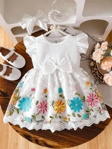 SHEIN 刺绣女婴花卉网眼盖袖派对连衣裙，优雅薄纱连衣裙，白色 - 白色 - 查看 2