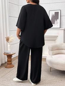 EMERY ROSE Plus Size Linen 2 Pieces Set: Asymmetrical Hem Top, Elastic Waist Pants - Black - View 2