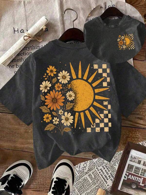 DrmWander Plus Size Women Summer Daisy & Sun Print Round Neck Short Sleeve Casual T-Shirt