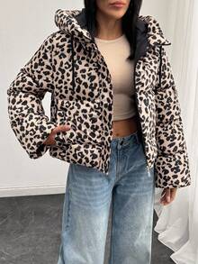 EURMUSE Wild Cozy Luxe Leopard Puffer – 仿毛领街头风冬季外套 - 彩色 - 查看 7