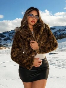 Zolique 女士时尚性感豹纹仿皮草小夹克，秋冬 - 卡其色 - 查看 5