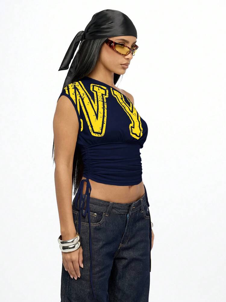 SUMWON WOMEN Off Shoulder Ruched Side Varsity Print Crop Top
