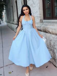 Durrani Popal 女式露背褶饰蝴蝶结摆裙，浅蓝色派对女装，新年前夜装，化妆舞会礼服，生日女装，性感浅蓝色连衣裙，蝴蝶结连衣裙，新年公主女装 - 淺藍色 - 查看 6