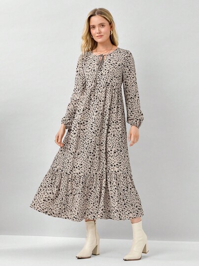 Miaspire Vestido de mujer con cuello de lazo, bajo con volante y estampado floral de parches