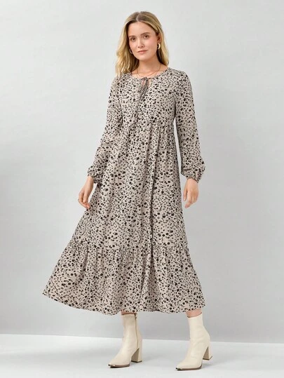 Miaspire 女式拼布碎花系带领荷叶边下摆连衣裙