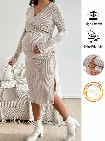 SHEIN Sukienka do karmienia piersią z dekoltem w serek i długim rękawem w jednolitym kolorze, dopasowana