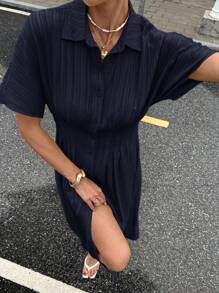 Siren Gaze 商务休闲夏装 - 女士纽扣前开襟衬衫裙 - 藏蓝色 - 查看 6