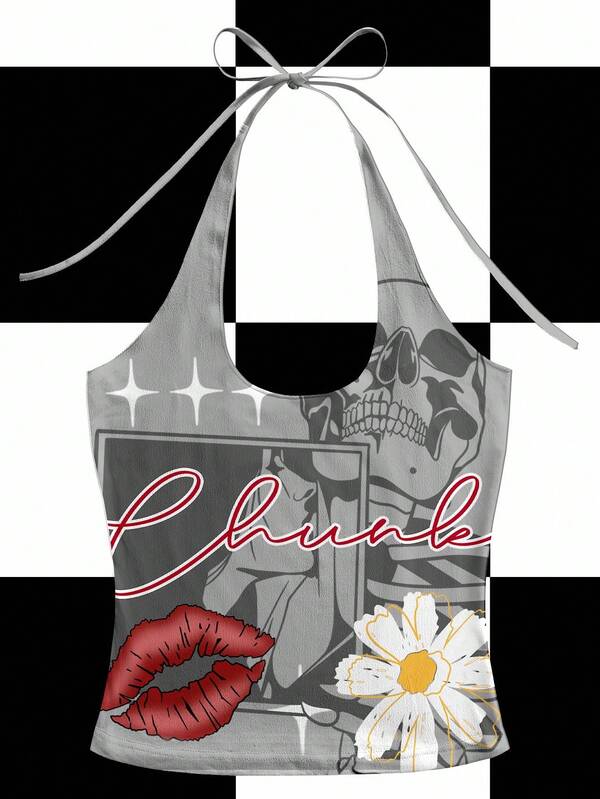 Y2Kool Studio Chunk Débardeur femme Y2K à dos nu avec imprimé de squelette, lèvres et pentagramme floral sexy. Style de rue pour l'été et l'automne