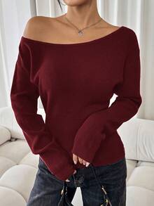 SHEIN SXY 女士纯色不对称领口休闲长袖红色毛衣休闲派对优雅家居性感秋冬休闲圣诞万圣节新年不对称上衣 - 酒紅色 - 查看 5