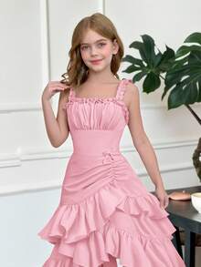 SHEIN Tween Girl Chest Pleated Multi-Layered Asymmetrical Ruffled Suspender Waist Elegant Dress, Fairy Dress, Spring Outing - Baby Pink - View 1