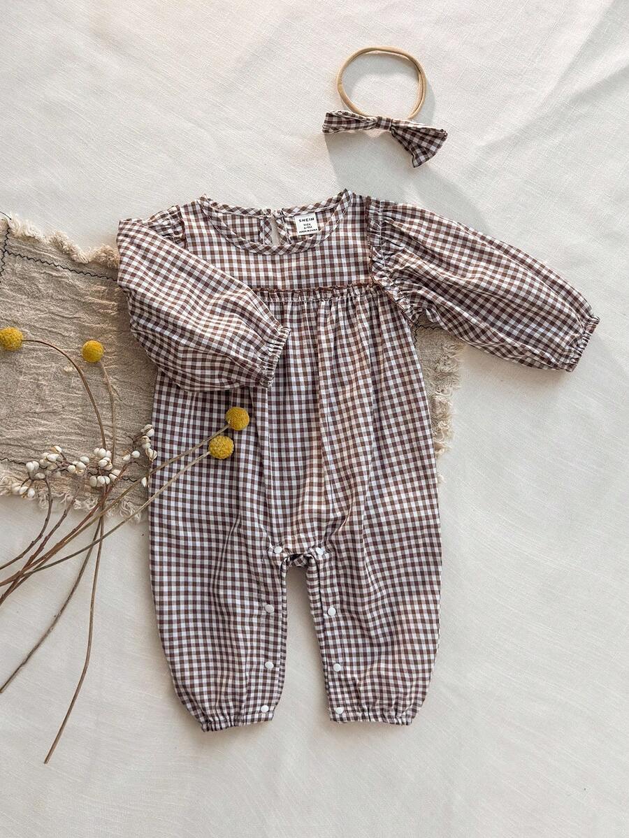 SHEIN 1pc Baby Girls Plaid Jumpsuit, Round Neck Long Sleeve Jumpsuit, Retro Fashion Versatile Casual, Suitable For Daily Wear, New Autumn Collection Fall Winter - Coffee Brown - View 1