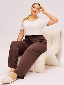 LUVLETTE 女士加大码棕色柔软100%纯棉睡裤家居裤内衣外穿透气睡裤秋季睡衣阔腿裤 - 棕色 - 查看 6