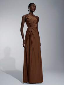 SHEIN Belle Women's Romantic Elegant Brown Elastic Knit Fabric One-Shoulder Twist Loose A-Line Bridesmaid Dress
