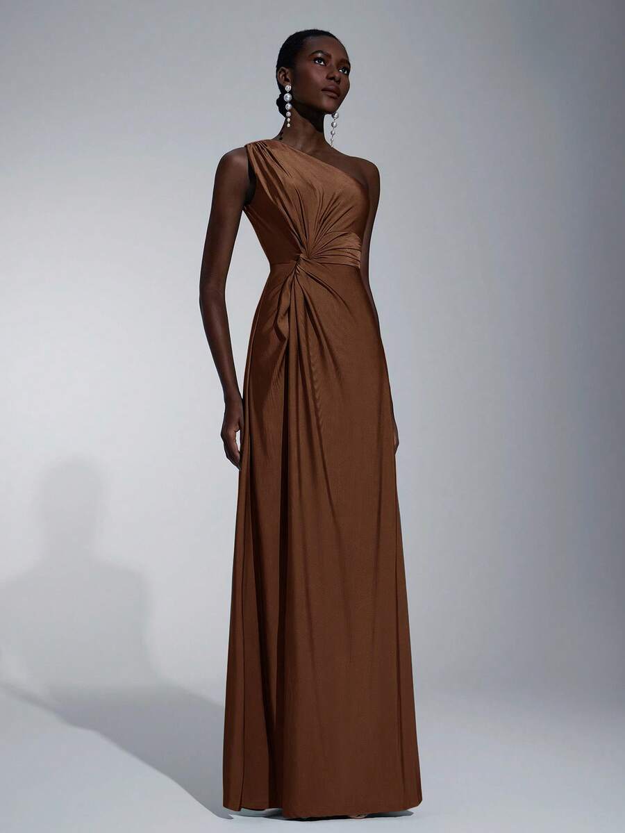 SHEIN Belle Women's Romantic Elegant Brown Elastic Knit Fabric One-Shoulder Twist Loose A-Line Bridesmaid Dress