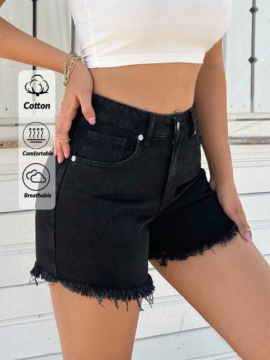 EURMUSE 100%Cotton RAW HEM DETAILED BLACK MINI SHORT - Black - View 1